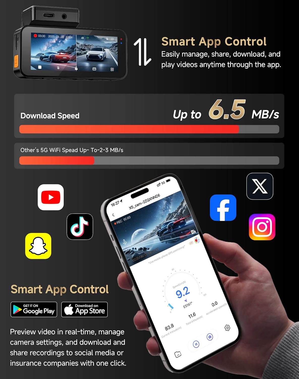 Dash Cam Front and Rear: 4K+2K Dash Camera for Cars - Dashcam Built-in WiFi APP Control 64GB Included 3.39" Touchscreen 24H Parking Monitor WDR Night Vision Loop Recording Collision Detection(X5)