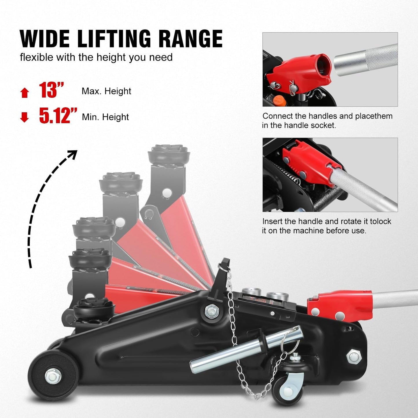 DNA MOTORING Floor Jack with Socket and Lock, Low Profile Hydraulic Trolley Jack for Cars Lift, 2 Ton (4000 lbs) Capacity, Lifting Range 5.12"-13", Red, TOOLS-00677-RD