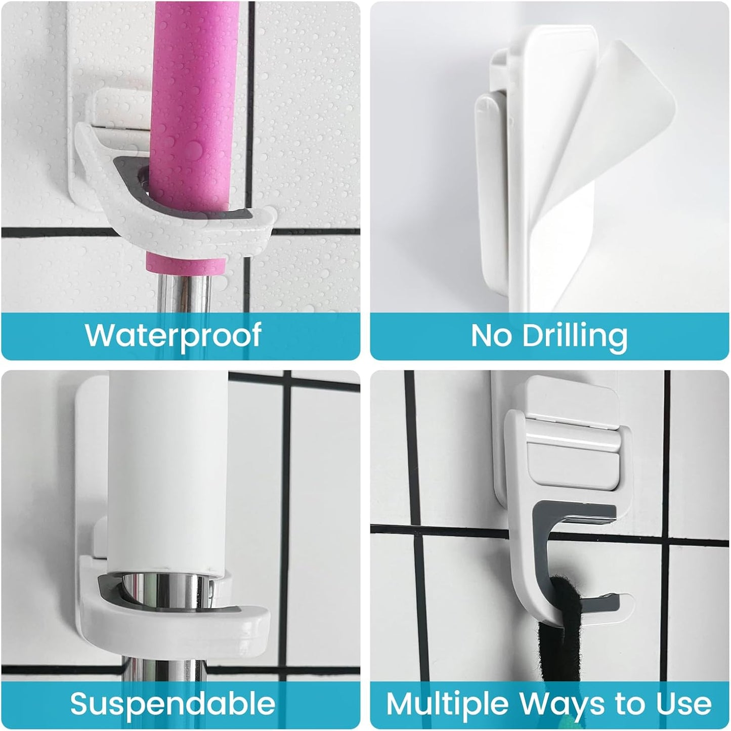 Broom Holder Wall Mount, 6 Pack Broom and Mop Organizer Wall Hanging Self Adhesive, No Drilling, Anti-Slip Broom and Mop Hanger Wall Mount Cleaning Ideal for Bathroom, Kitchen, Garden, Garage