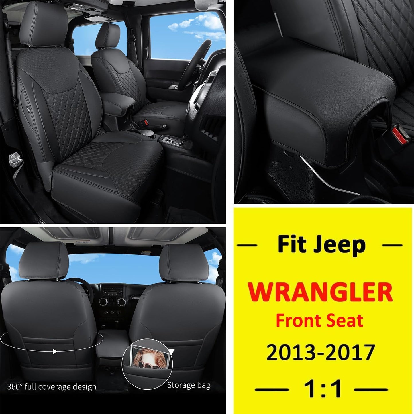 GIANT PANDA Customized Front Car Seat Covers for Jeep Wrangler JK 2/4 Door Sahara Sport Rubicon Unlimited Altitude 2013 2014 2015 2016 2017,Faux Leather - (Black)