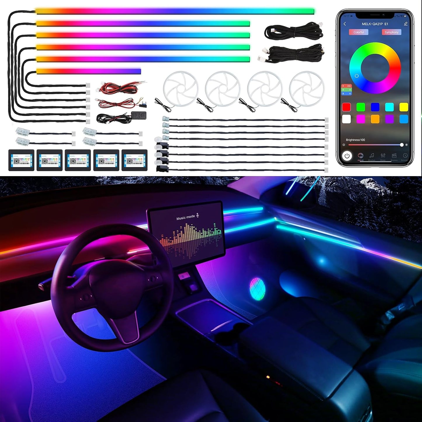 Dreamcolor Acrylic Interior Car LED Strip Light with Wireless APP, RGB 22 in 1 with 175 inches 600 LEDs Fiber Optic Car Ambient Lighting Kits, Dual Zone Sound Active Function LED Strip for Car