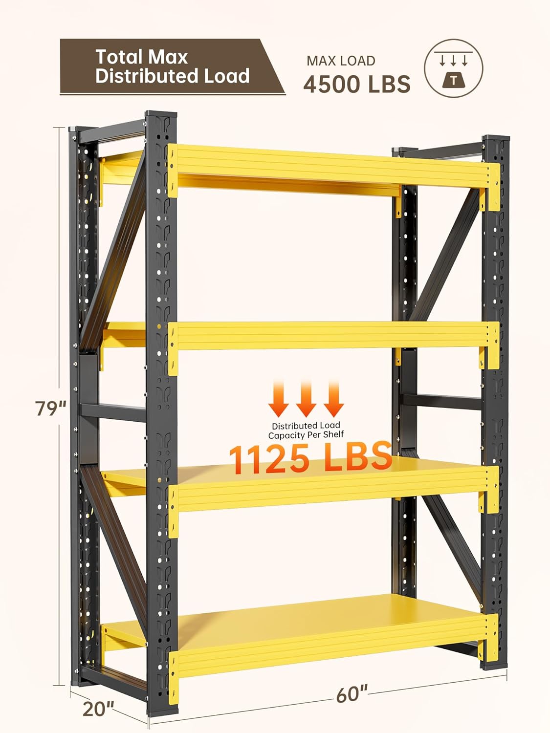 4-Tier Storage Shelves,79" H Heavy-Duty Garage Shelving Unit,Adjustable Industrial Metal Shelf System,4,500lbs Capacity,Tool Organizer for Garage,Workshop,60" W*20" D*79" H,Black&Yellow