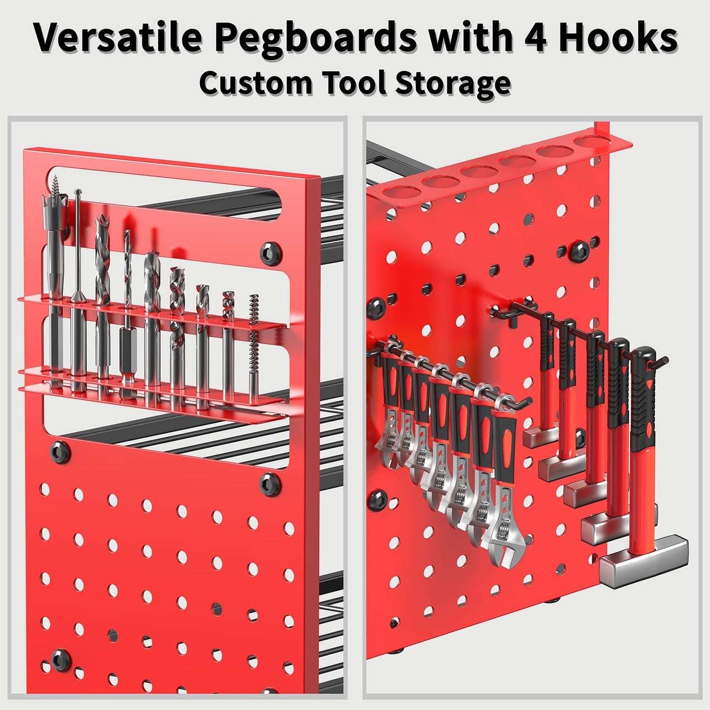 Power Tool Organizer Wall Mount with 12 Drills Holder, 49" Heavy Duty 4-Tier Power Tool Storage Rack, DIY Pegboard Side Panels,4 Long Hooks, Garage Metal Tool Shelf for Battery,Drills