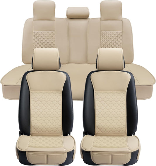 Elantrip Car Seat Cover Full Set Leather Car Seat Protector Universal fit for Most Cars SUVs and Trucks Water Proof Front and Rear Seat Protector Beige