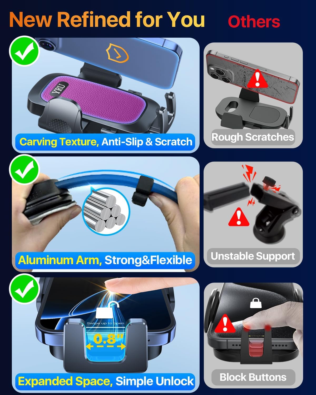 YRU [2025 Ultimate Car Phone Holder Mount [Bendable & Adjustable Aluminum Arm] Cell Phone Holder for Car Dashboard Windshield Phone Stand for iPhone 16 15 14 13 Pro Max Samsung Pickup Truck, Rose Red