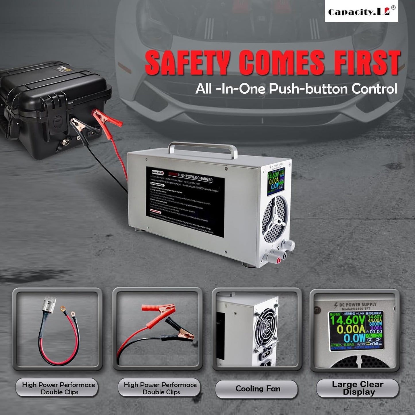 High Power Battery Charger, Upgraded Design LifePO4 Battery Charger, One Click Control Adjustable Current/Voltage Portable Adapter for LiFePO4 Lithium Iron Rechargeable Battery(60V/50A)