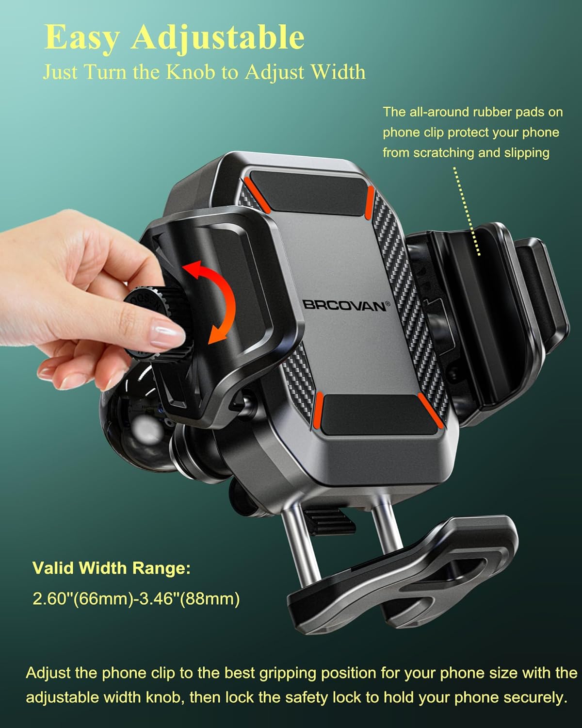 BRCOVAN Anti-Theft Phone Mount Holder with Vibration Dampener [Camera Friendly] [1s Lock & Release] with Aluminum Round Base & Medium Arm, for Car Boat Truck Motorcycle UTV, Fit 5.4-7.2'' Smartphones