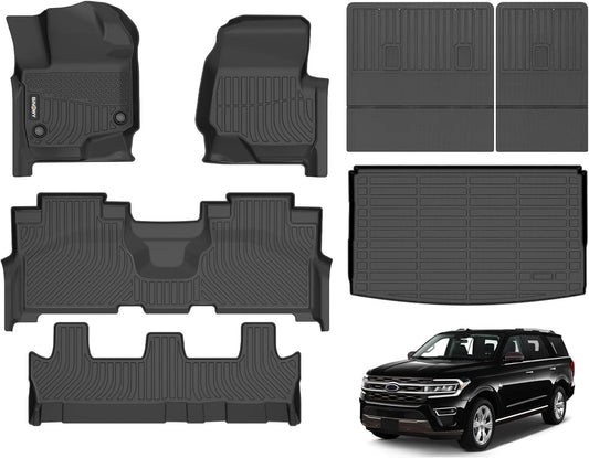 GINOWY-Floor Mats & Cargo Liner for Ford Expedition MAX 2021-2025 Bench Seat 8 Passenger TPE Rubber All Weather Car Floor Mats Expedition Accessories Floor Liners Black