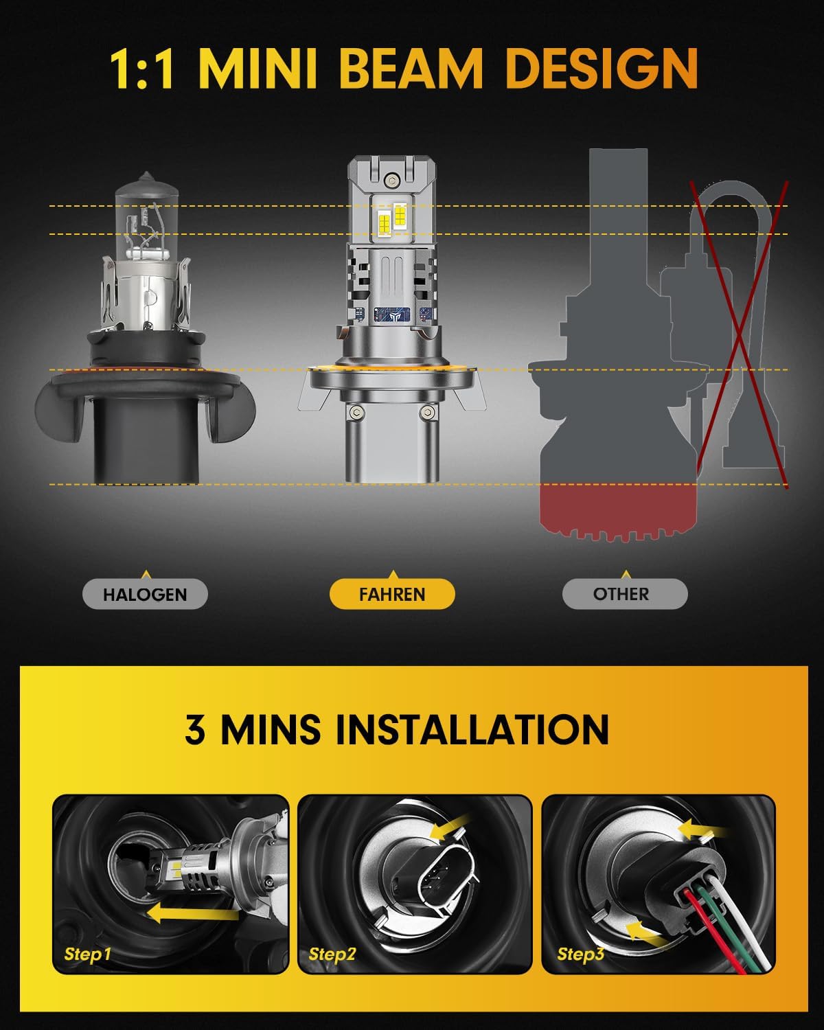 FAHREN Latest & Brightest H13/9008 LED Bulbs, (1,000%) 10X Brighter 60,000LM Ultra Brightness, 6500K Cool White, 1:1 Min Size,IP68 Waterproof Fog Bulbs HID,Pack of 2,Plug-N-Play.