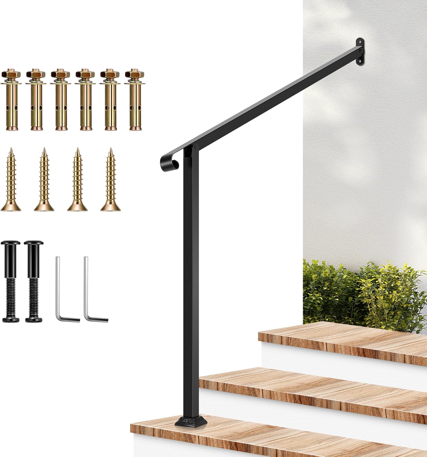 VIVOSUN Outdoor Handrail, 2 Step Stair Handrail, 31.5" x 39" Fits 1 to 2 Steps, Wrought Mattle Iron Stair Railing with Single Curved End for Concrete Steps, Porch Steps, One-Step Assembly, Black