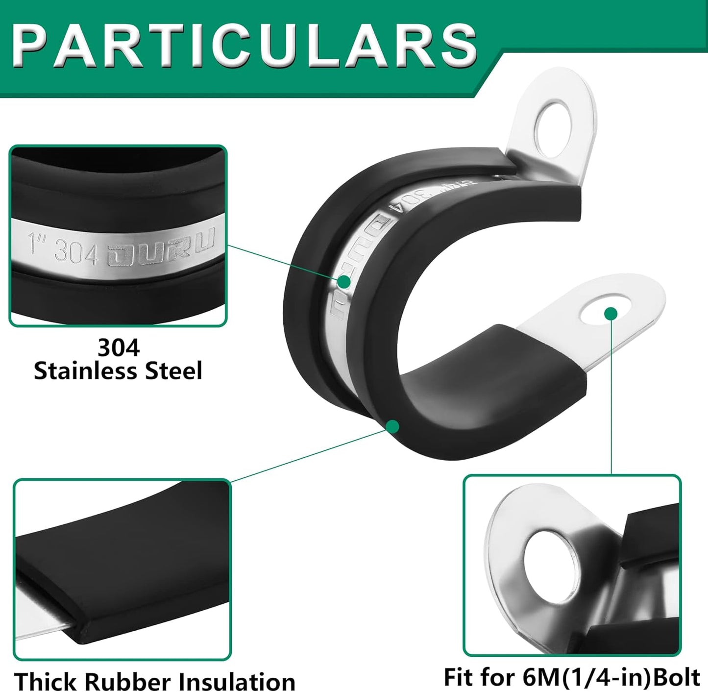 20pcs 1 Inch Stainless Steel Cable Clamps, Rubber Coated, Black