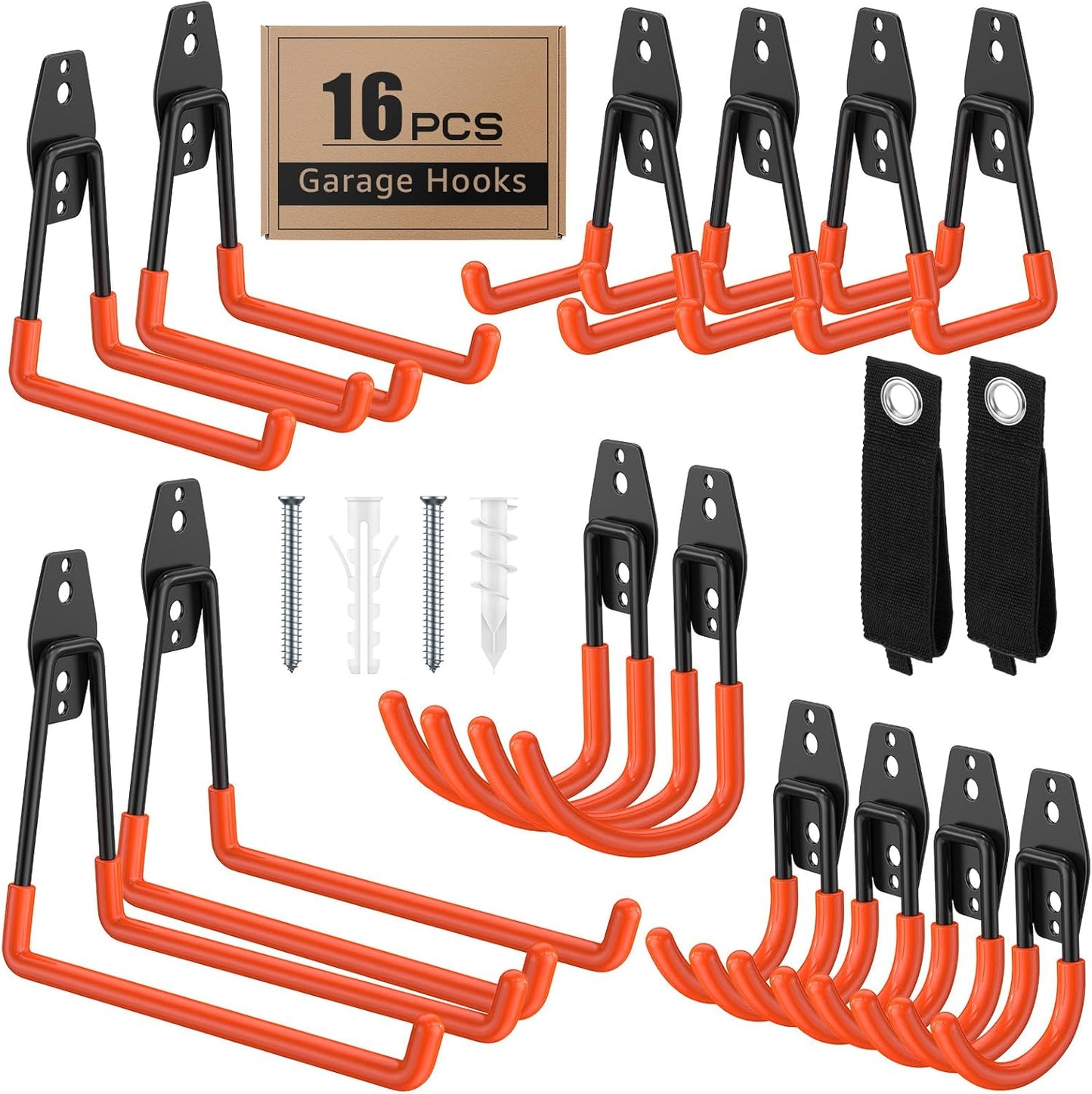 16 Pack Garage Hooks with Anti-Slip Coating Heavy Duty Wall Mount Hooks for Garage Storage and Hanging Hoses Bike Garden Tools Ropes etc