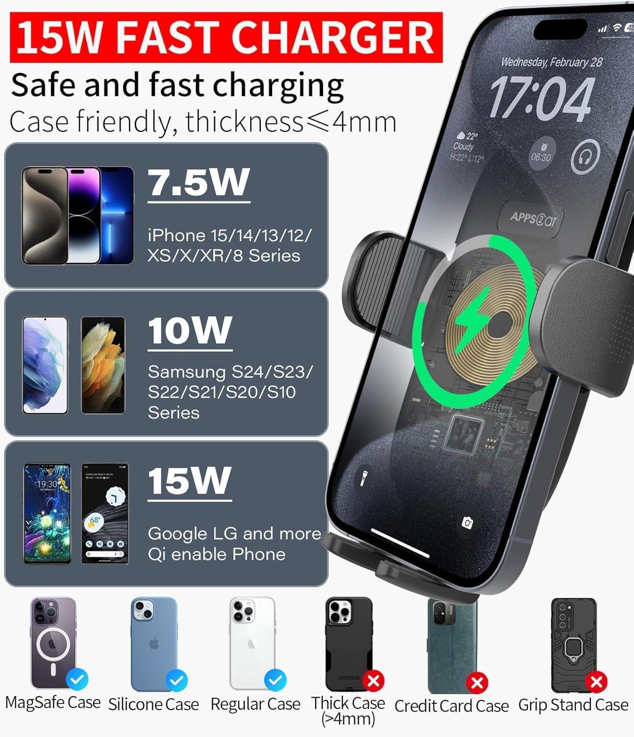 APPS2Car 15W Wireless Car Charger Phone Holder, 3-in-1 Fast Charging, Compatible with iPhone 16/15/14/13/12 Series, Samsung, LG