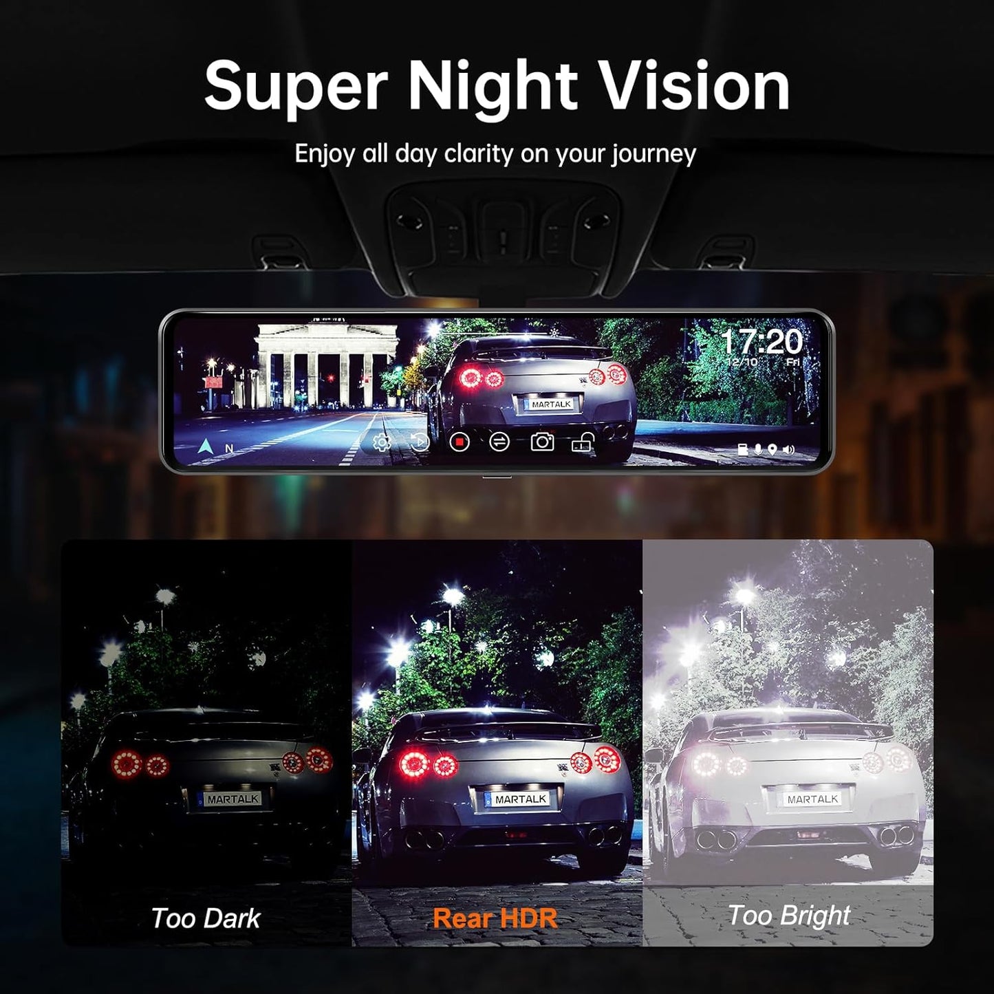 12" 4K UHD Mirror Dash Cam Front and Rear with Zoom Backup Camera, 2160P Dual Rear View Mirror Camera for Cars & Trucks, 64GB Card Included, GPS, WDR, Super Night Vision, Parking Assist & G-Sensor