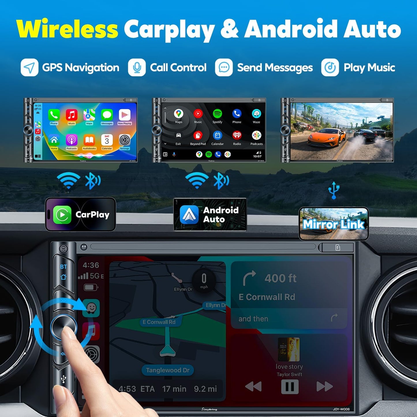 Upgrade Wireless Double Din Car Stereo with Carplay, Android Auto, Bluetooth, 4-Channel RCA, High Power, 2 Subwoofer Ports, 7" HD Capacitive Touchscreen Car Radio, Backup Camera, Audio Receiver
