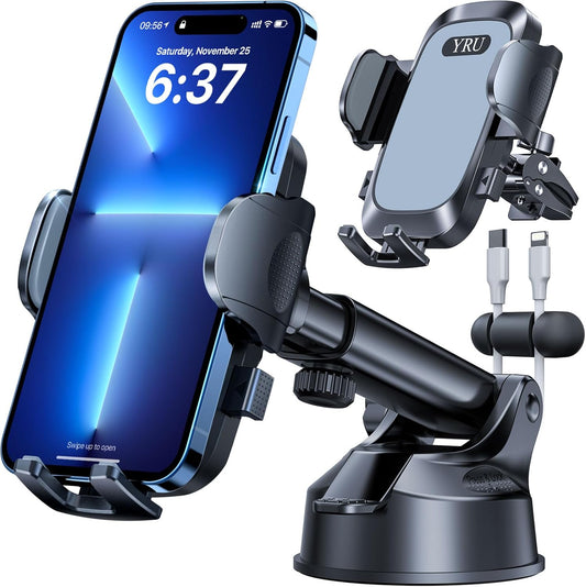YRU [2025 Upgrade Extreme Strong Suction] Car Phone Holder Mount,[Bumpy Road Stable] Dashboard Cell Phone Holder for Car Vent Windshield Phone Stand for iPhone 16 15 14 13 Pro Max Samsung Truck, Grey