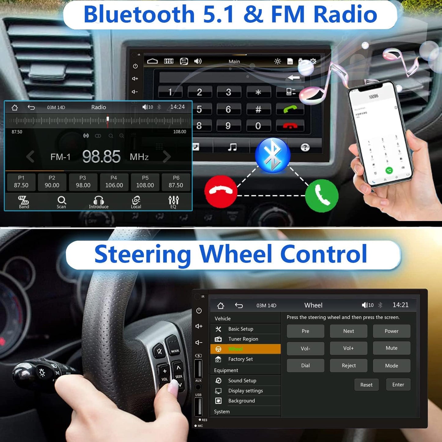 Double Din Car Stereo with Wireless Apple CarPlay & Android Auto, 7inch Touchscreen Car Audio Receiver, Wireless Car Radio with Bluetooth, Backup Camera/Mirrorlink/FM/SWC/Subwoofer/2 USB/AUX Input