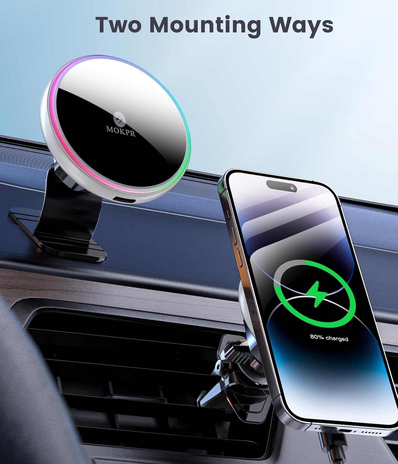 MOKPR for Magsafe Car Mount Charger-15W Wireless Car Charger-Magnetic Car Phone Holder for Dash Air Vent-LED RGB HandsFree Car Mount Fast Car Charger for iPhone 15/14/13/12 Series Silver