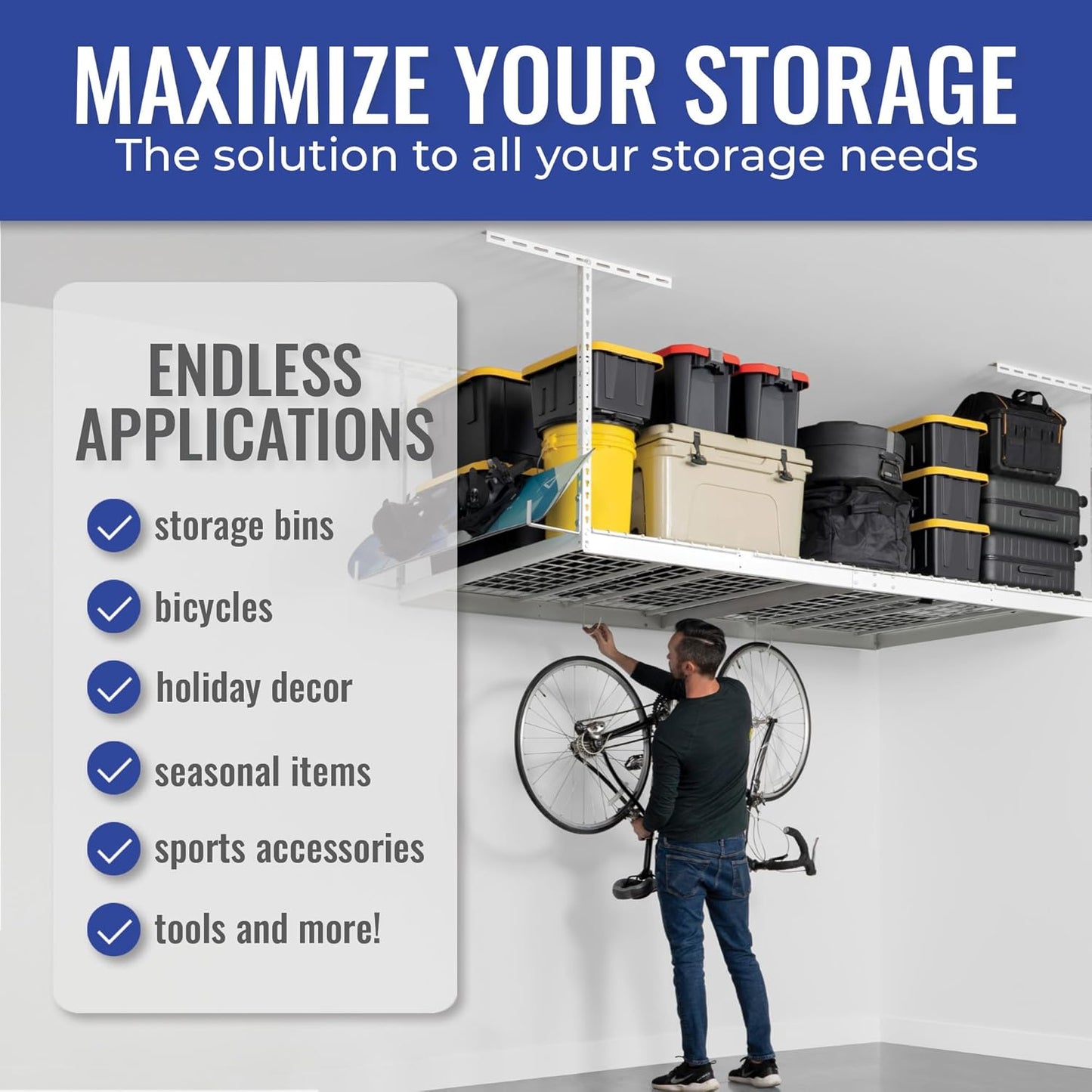 SafeRacks 4 ft x 8 ft Overhead Storage Rack Adjustable 24 in - 45in Height (White) With Accessory Pack With 8-Piece Deluxe Hook Accessory Pack