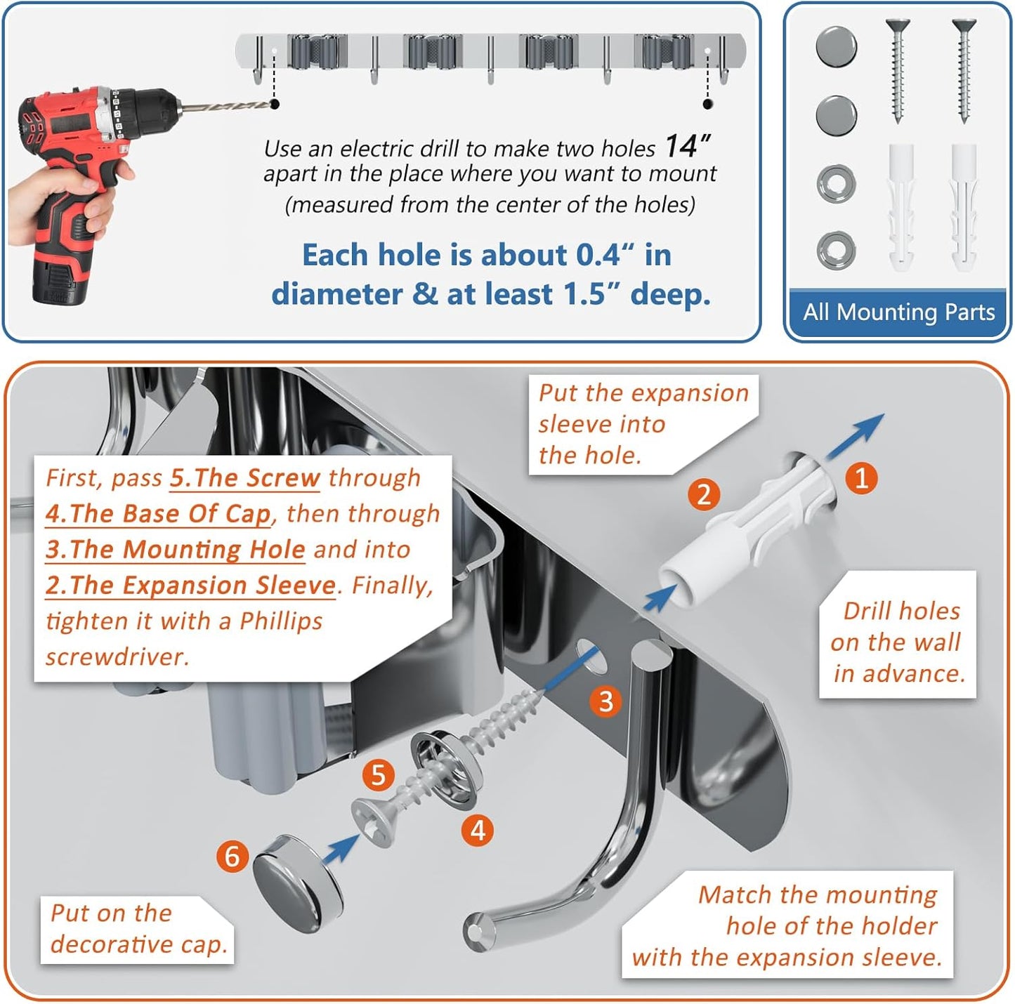 Wall Mounted Broom and Mop Organizer, Heavy Duty Stainless Steel Storage Rack for Brooms, Mops, Tools Space Saving Home Garage Organization (4 Racks with 5 Hooks)