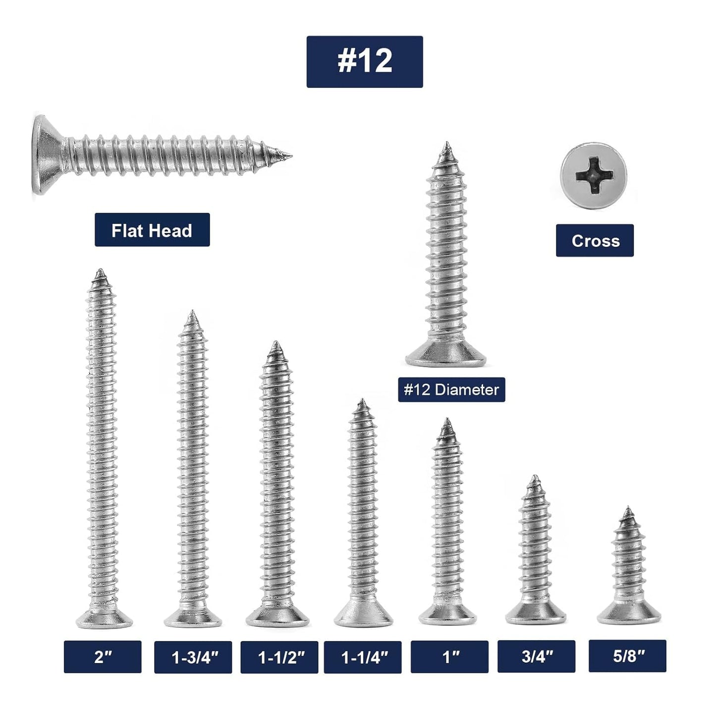 #12 x 3/4" Wood Screw 100Pcs 18-8 (304) Stainless Steel Screws Flat Head Phillips Fast Self Tapping Drywall Screws by SG TZH