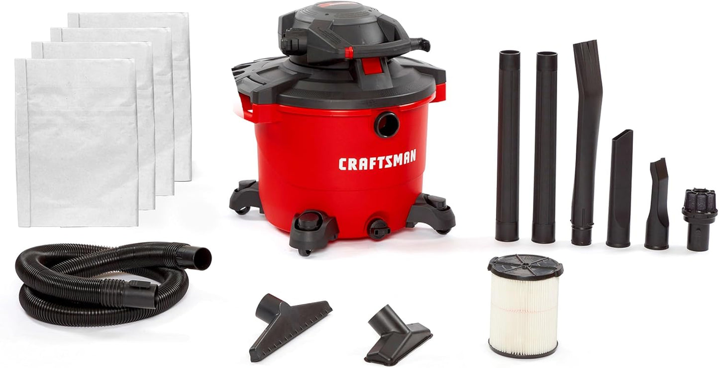 CRAFTSMAN CMXEVBE17607 16 Gallon 6.5 Peak HP Wet Dry Vac with Detachable Leaf Blower, Portable Shop Vacuum Wet and Dry with Filter, Dust Bags, Hose and Attachments for Garage, Outdoor Cleaning