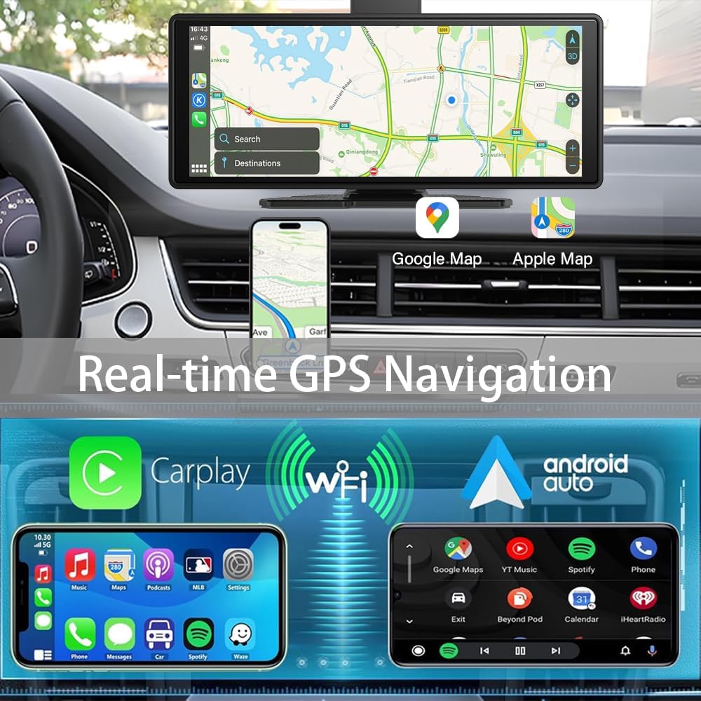 Wireless Carplay Screen for Car 10.26" 4K 360 Rotation Dash Cam Carplay&Android Auto Car Stereo 1080p Backup Camera GPS Navigation/Mirror Link/Voice Control/Siri/FM Satellite Radio Receiver