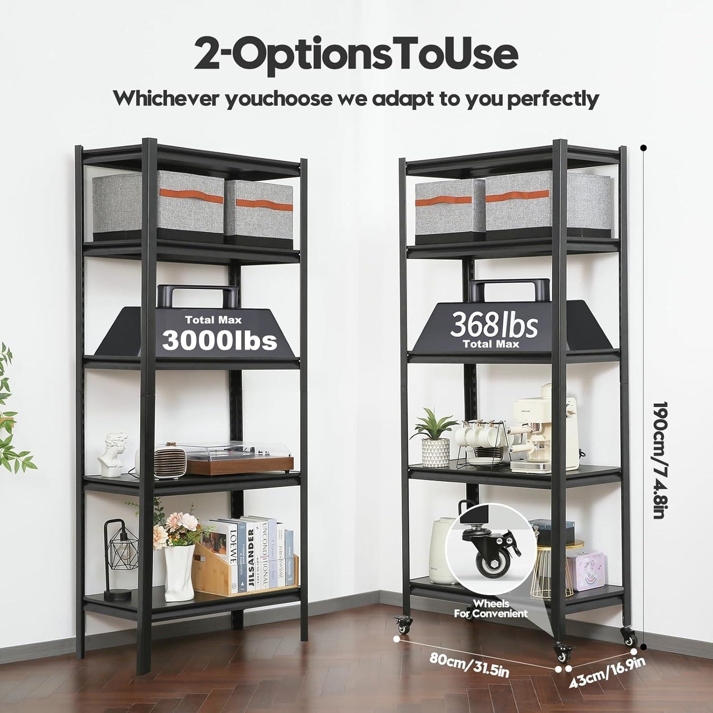 Kitchen Shelving with Lockable Wheels - 5-Tier Space-Saving Metal Shelves 72" H X 31.5" W X 17" D, Heavy Duty Adjustable Storage Shelf for Living Room/Home Office/Pantry