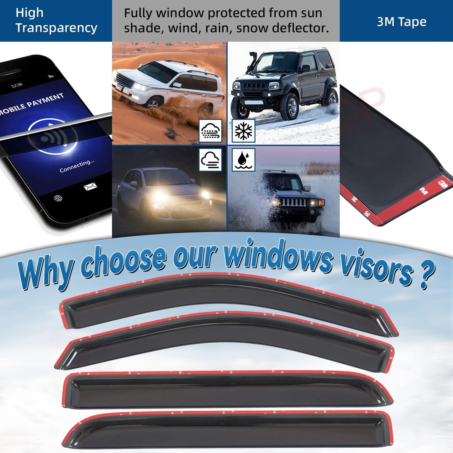 Set of 4 Front+Rear Smoke Sun/Rain Guard Outside Mount Tape-On Acrylic Window Visors Compatible with 06-08 Mark LT 04-08 F-150 Super Crew/Crew Cab with 4 Full Size Doors