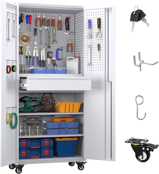 Garage Storage Cabinet with Locking Doors and 2 Adjustable Shelves, 71" H Metal Rolling Tool Storage Cabinet with Wheels, Drawer, Pegboard and 16 Hooks for Garage, Warehouse, White and Gray