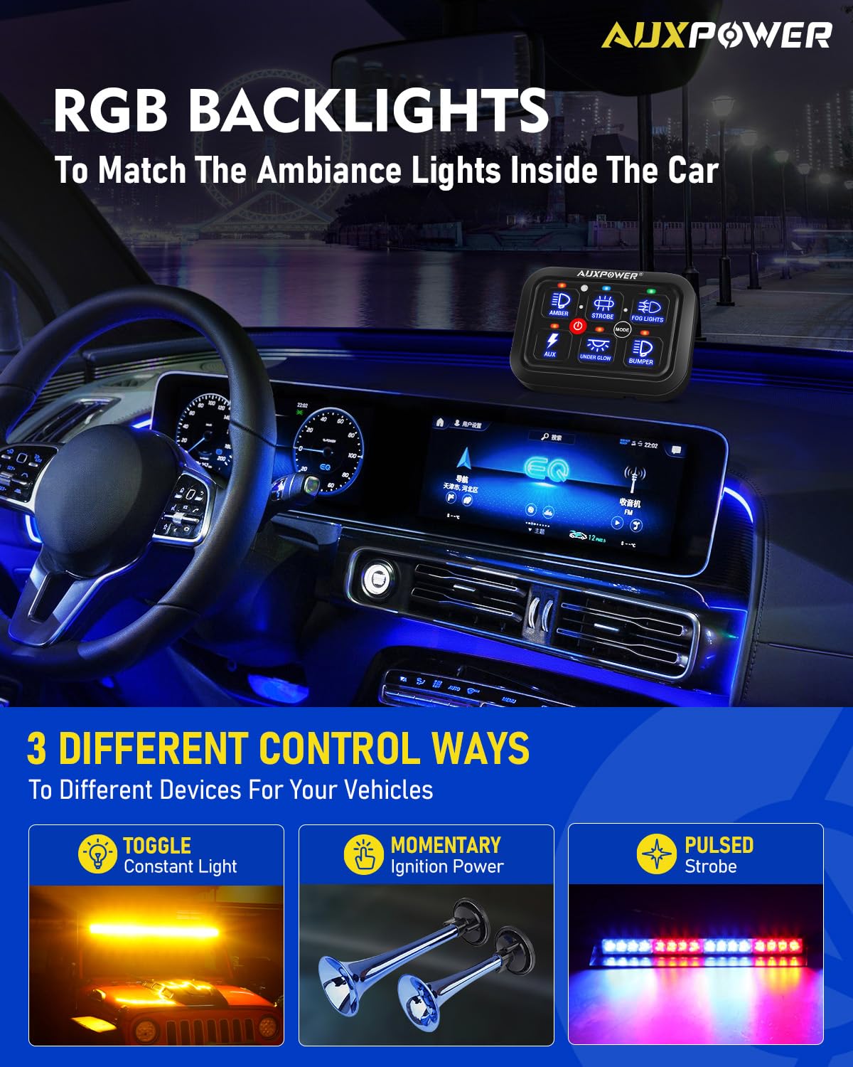 Auxpower 6 Gang Switch Panel Toggle Momentary Pulsed Led Switch Panel RGB Dimmable Switch Panel Auxiliary Circuit Control Relay System Automotive Switch Panel for Truck Boat Car(RGB A26 Switch Panel)