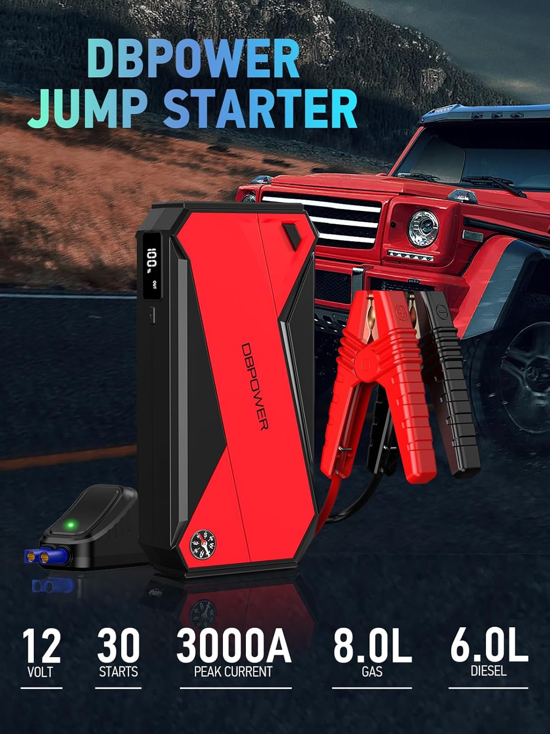 DBPOWER Peak 3000A 18000mAh Portable Car Jump Starter (up to 8.0L Gas, 6.0L Diesel Engine) Battery Booster with Smart Charging Port, Compass, LCD Screen and LED Light (Black/Red)