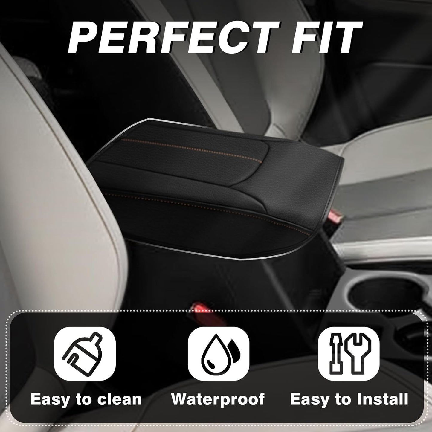 Muslogy Center Console Cover Compatible with Subaru Forester 2025 Accessories Armrest Cover Lid Cushion Protector Anti-Scratch Vegan Leather Extra Soft (Black/Brown Stitching)