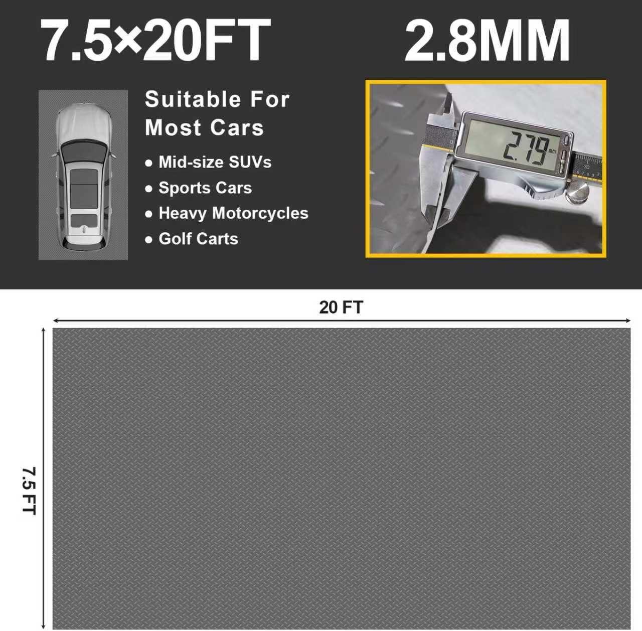 Garage Floor Mat 2.8mm Thickness PVC Garage Flooring Roll Diamond Plate Floor Mats for Garage, Workshop, Gym, Golf Cart Parking or Trailers (Grey, 7.5 x 20 FT)