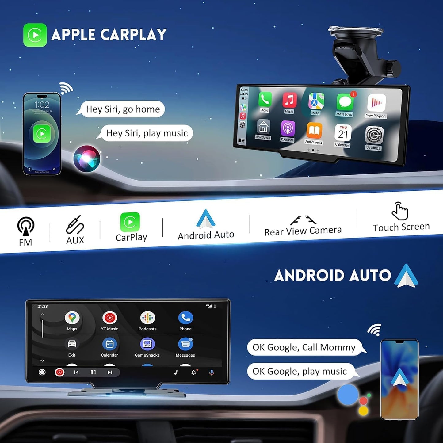 10.26" Wireless Carplay Screen, Portable Car Play & Android Auto Screen, Car Stereo with 4K Dash Cam, HD Touch Screen with 1080P Backup Camera/Mirror Link/Voice Control/GPS/AUX/FM for All Vehicles