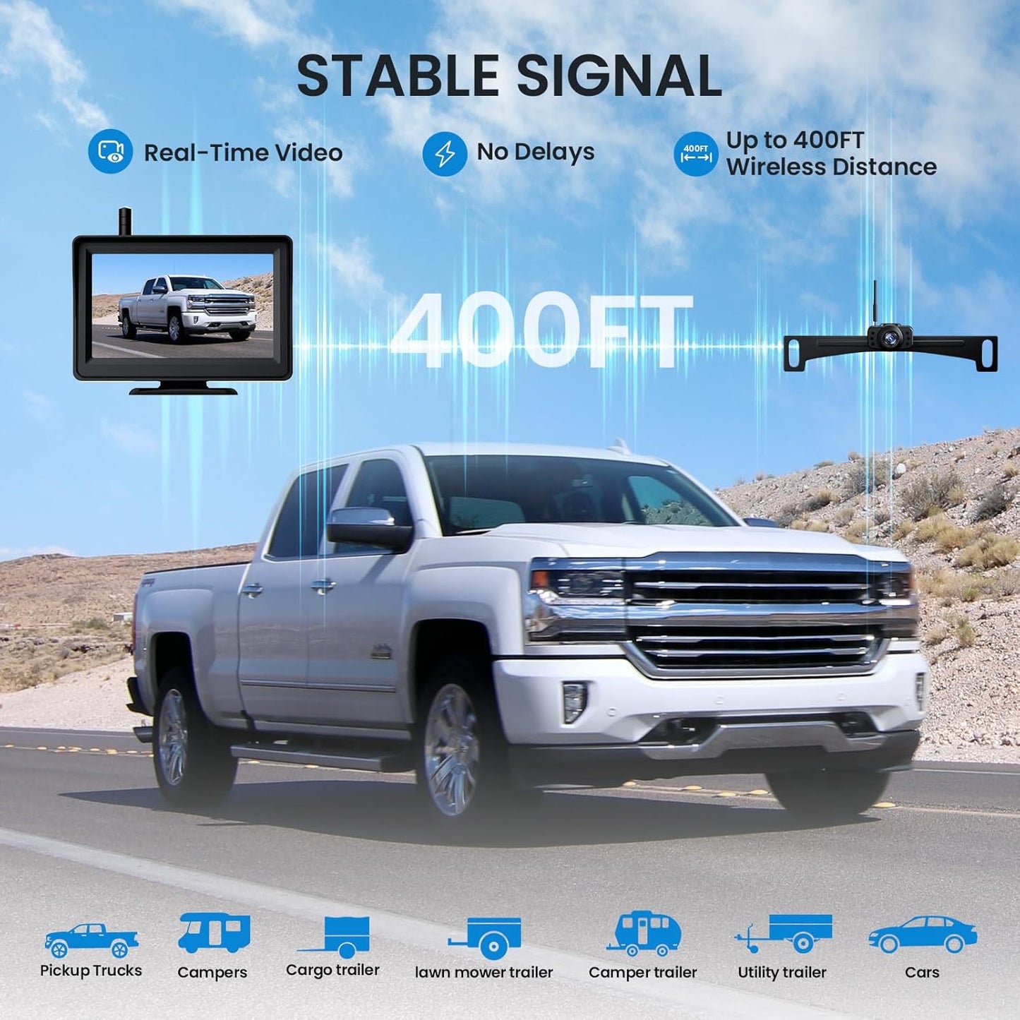 Wireless Backup Camera, 5'' HD 1080P Backup Camera for Car, Reverse Rear Camera with Night Version 130° Wide Angle, Waterproof, Strong Signal for Car, Van, Truck, Trailer