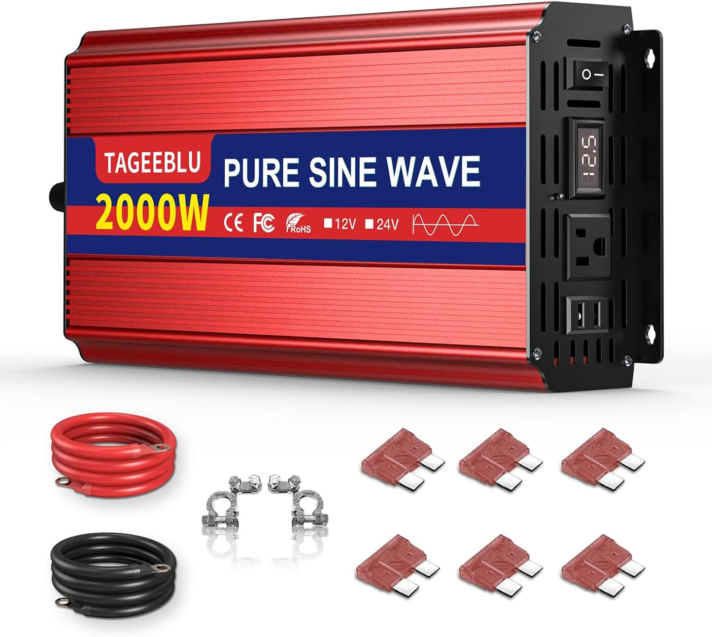 2000W Pure Sine Wave Inverter, 12V DC to 110V/120V AC Power Inverter for RV、Microwave、Off Grid、Truck、Refrigerator、with 2 AC outlets and LCD Display