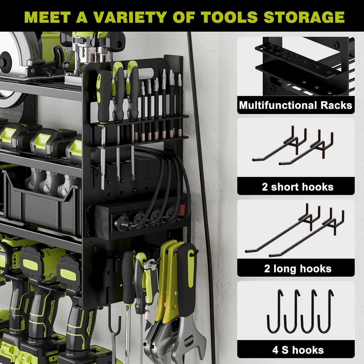 12 Cordless Drill Holder Large Power Tool Organizer Wall Mount with Side Pegboard & Screwdriver Holder, 4-Tier Heavy Duty Metal Tool Storage Rack with 4-Outlet Power Strip