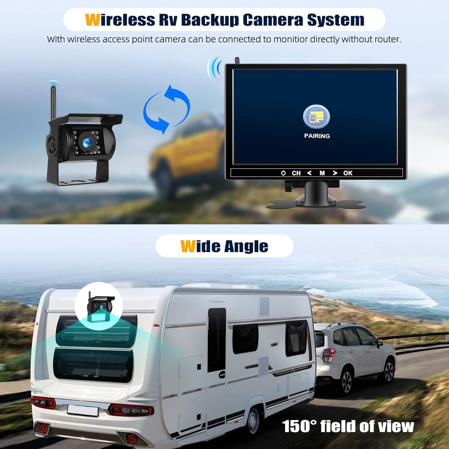 1080P Wireless RV Backup Camera System,9 Inch Reverse Camera Monitor for 4 Channels with IP69 Waterproof Night Vision Backup Camera Front Rear View Camera for Truck/RV/Van/SUV/Pickup