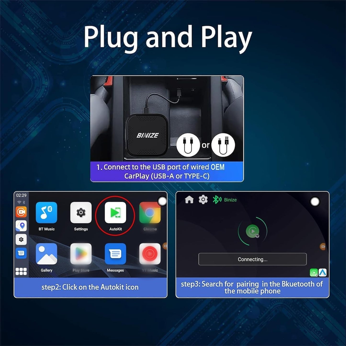 BINIZE CarPlay Ai Box 2.0 Wireless CarPlay/Android Auto with Video APPS 4G+64GB, 8Core, Supports Cars with OEM Wired CarPlay/Android Auto