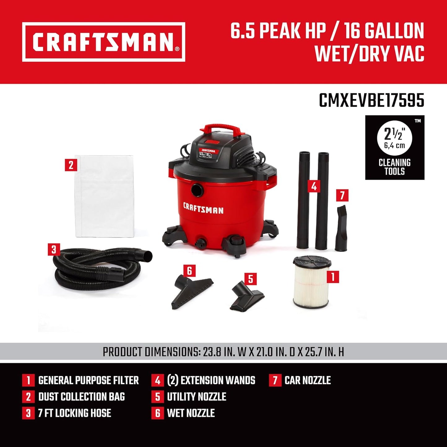 CRAFTSMAN CMXEVBE17595 16 Gallon 6.5 Peak HP Wet Dry Vac, Heavy-Duty Shop Vacuum Wet and Dry with Filter, Dust Bag, Hose and Attachments for Home Projects & Renovations