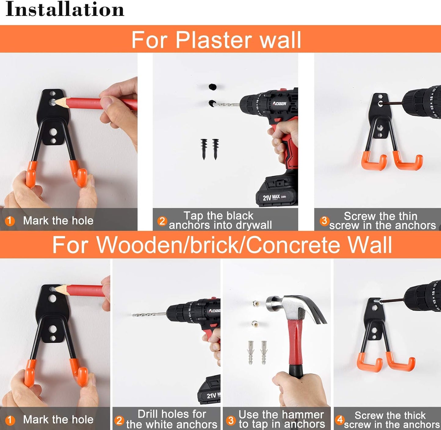 AOBEN Garage Hooks Heavy Duty, Steel Garage Storage Hooks, Utility Tool Hangers and Combinable Wall Mount for Organizing Ladders, Bikes, Hoses, and More Equipment (Small J, 10 Pack)