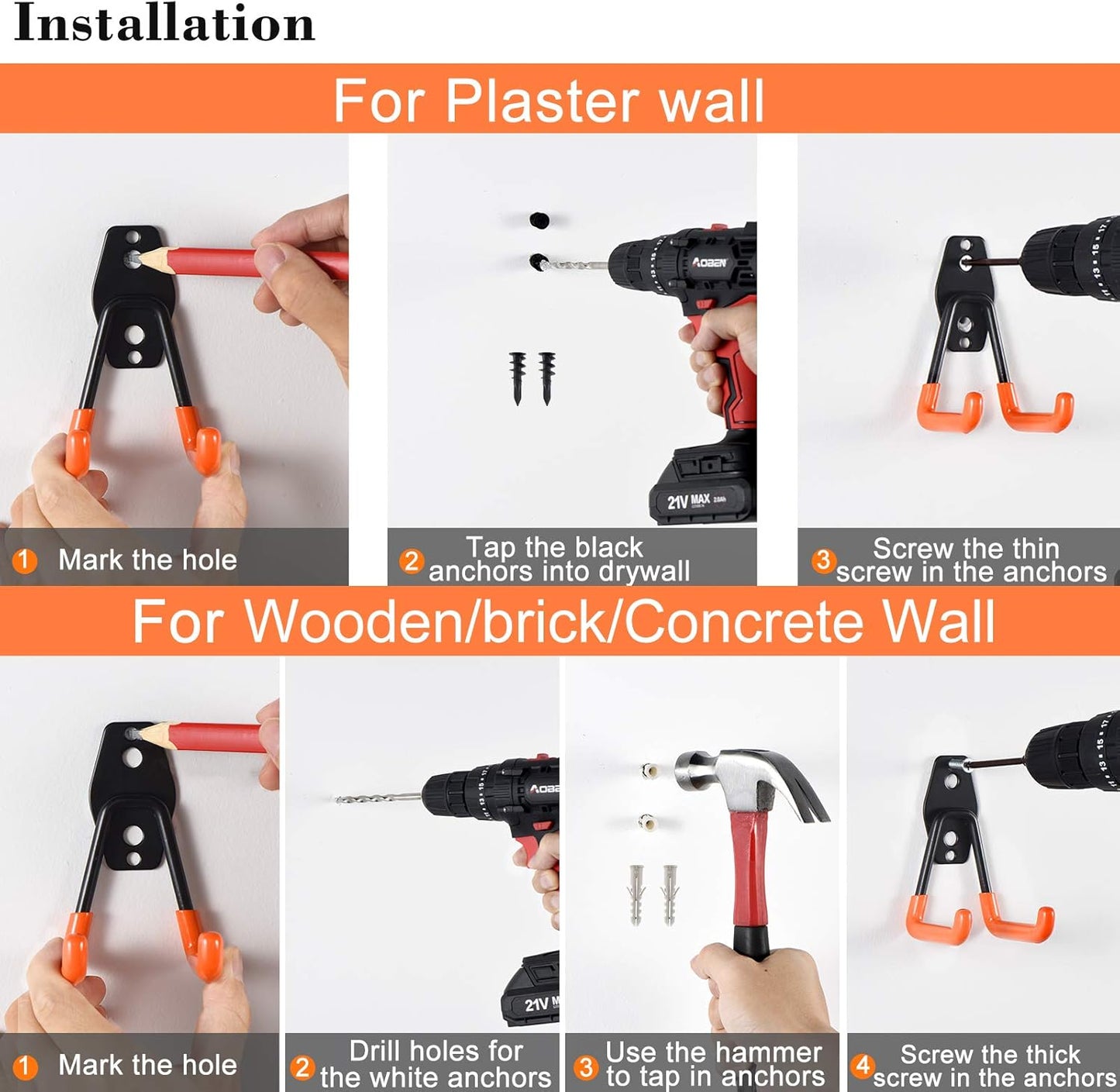 AOBEN Garage Hooks Heavy Duty, Steel Garage Storage Hooks, Utility Tool Hangers and Combinable Wall Mount for Organizing Ladder, Hold Chairs, Heavy Tools (Small U, 10 Pack)