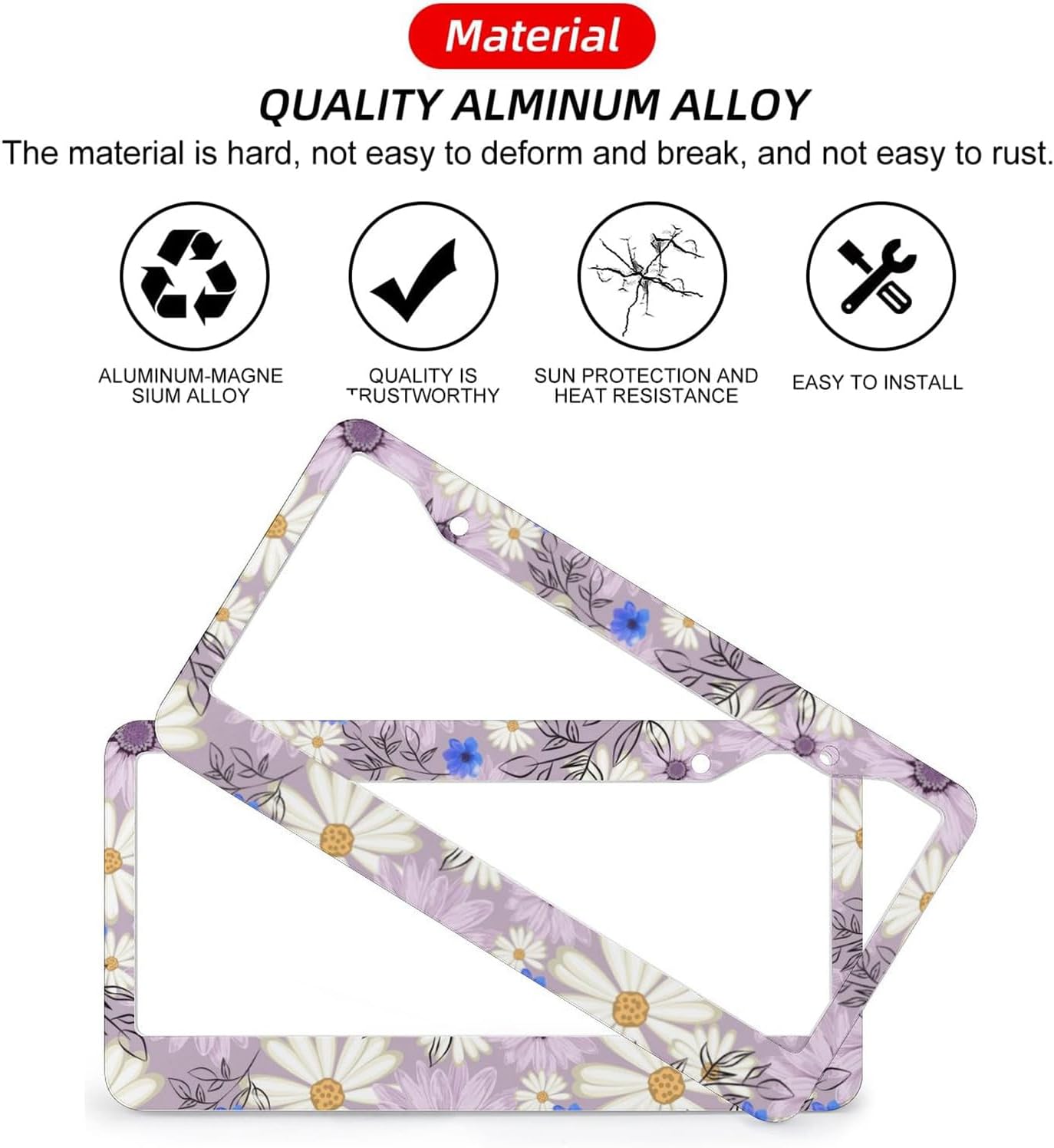 Flowers Daisy License Plate Frames - 2 Pcs Set 2 Holes Metal Aluminum Auto Car Accessories Decoration License Plate Frame 12.2 x 6.3 inch for Women Men Gift