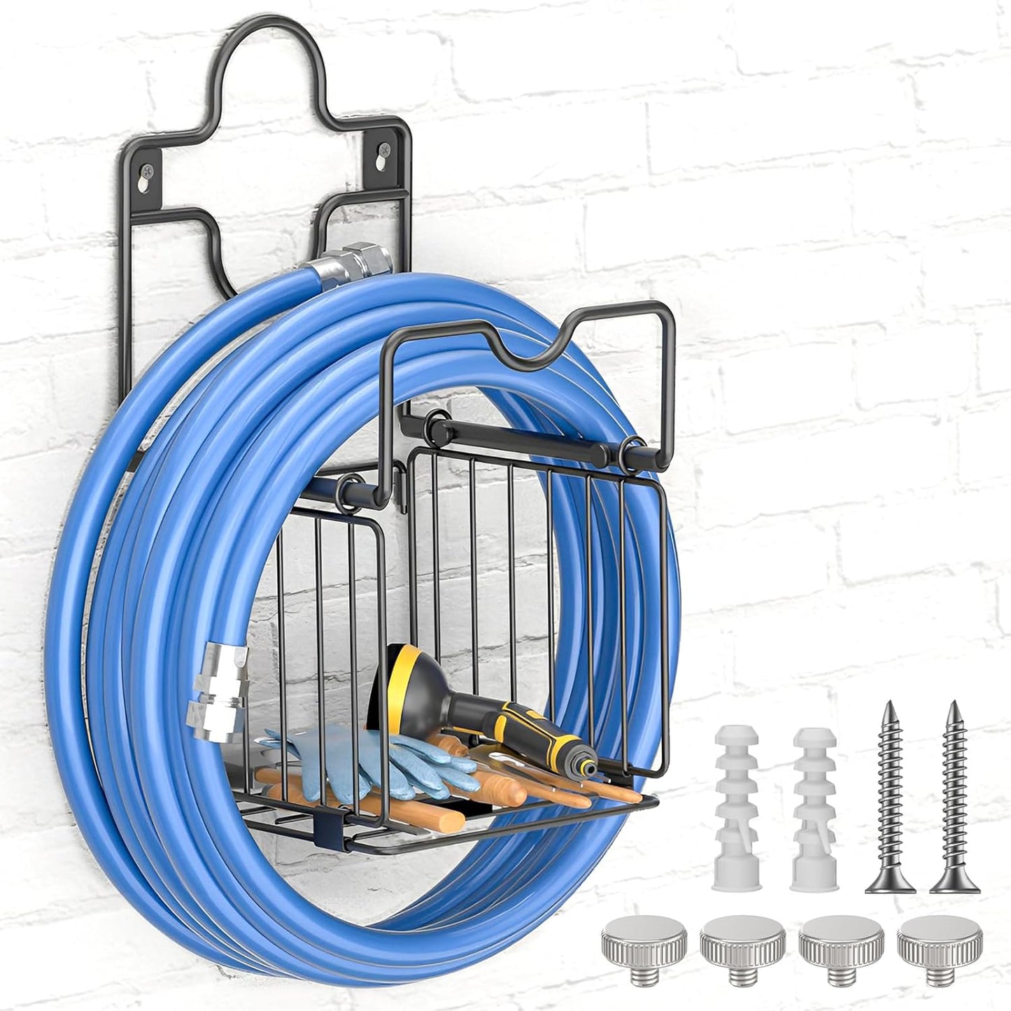 Garden Hose Holders for Outside Metal Water Hose Holder Wall Mount Hose Hanger with Storage Basket Heavy Duty Waterhose Holder for Outside Hose Rack Outdoor Hose Caddy Hook for Garden Organizer Black