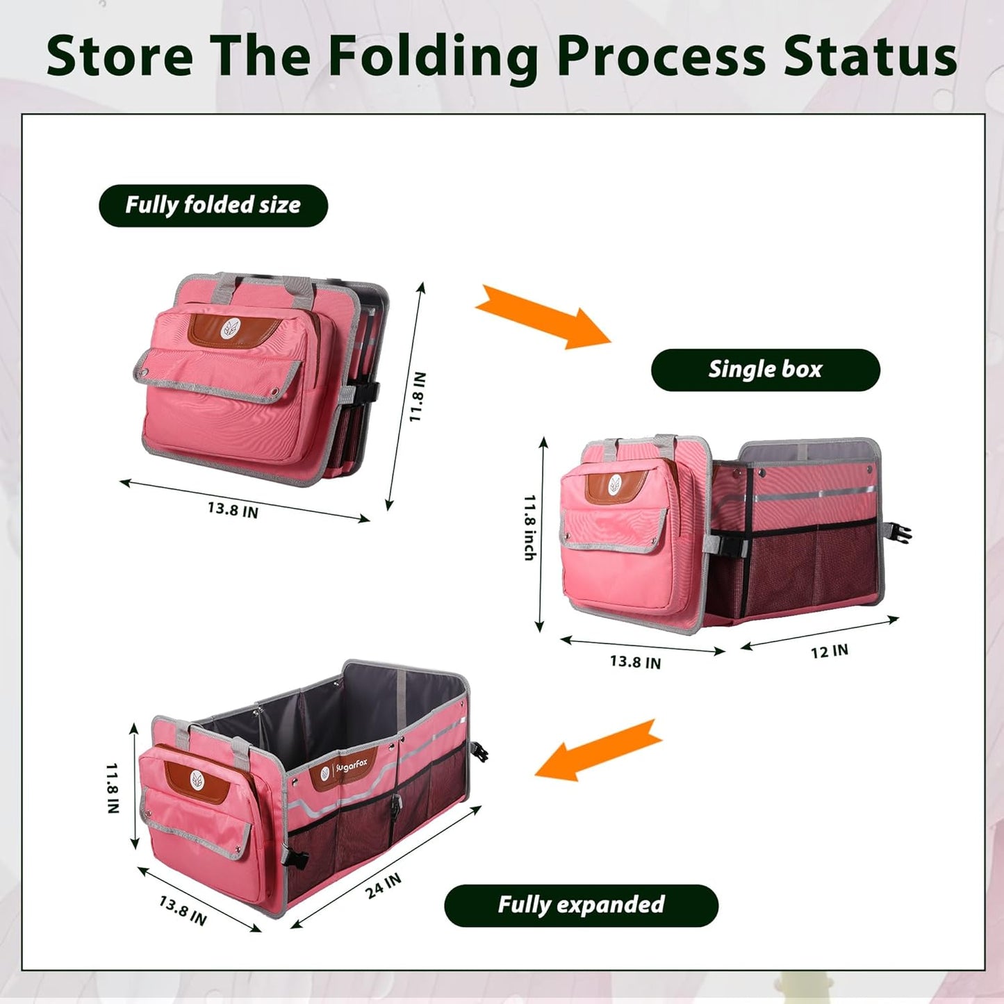 Foldable Waterproof Car Organizer with Non-Slip Traction Rope, 23.2”x13.8”x11.8” Heavy-Duty Trunk Organizer for SUV, Car Essentials List, Portable Vehicle Organizer,PINK-M003