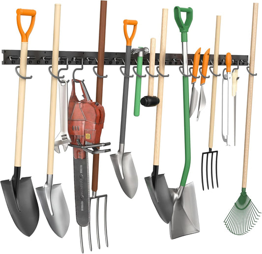 TORACK Plastic Wall Mounted Mop and Broom Holder, Garden Tools Organizer for Garage Wall, Yard Tool Storage Rack for Rakes, Shovels, Mops, Brooms (4 Tracks, 16 Hooks)