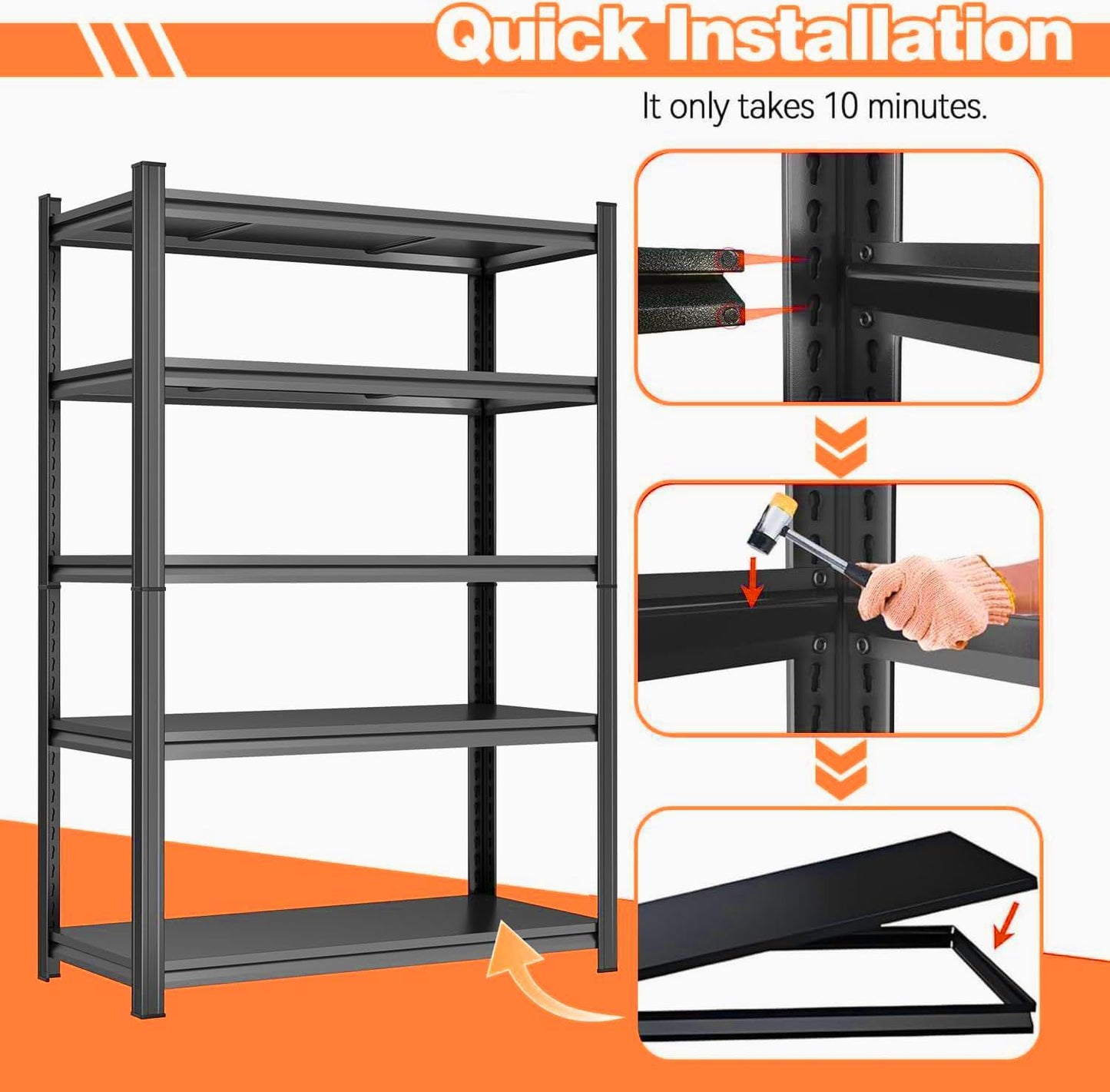 Garage Shelving Metal Storage Shelves 3500Lbs Garage Storage Shelves Heavy Duty 5-Tier Adjustable Shelving Units for Industrial, Warehouse, Basement, Commercial, Black