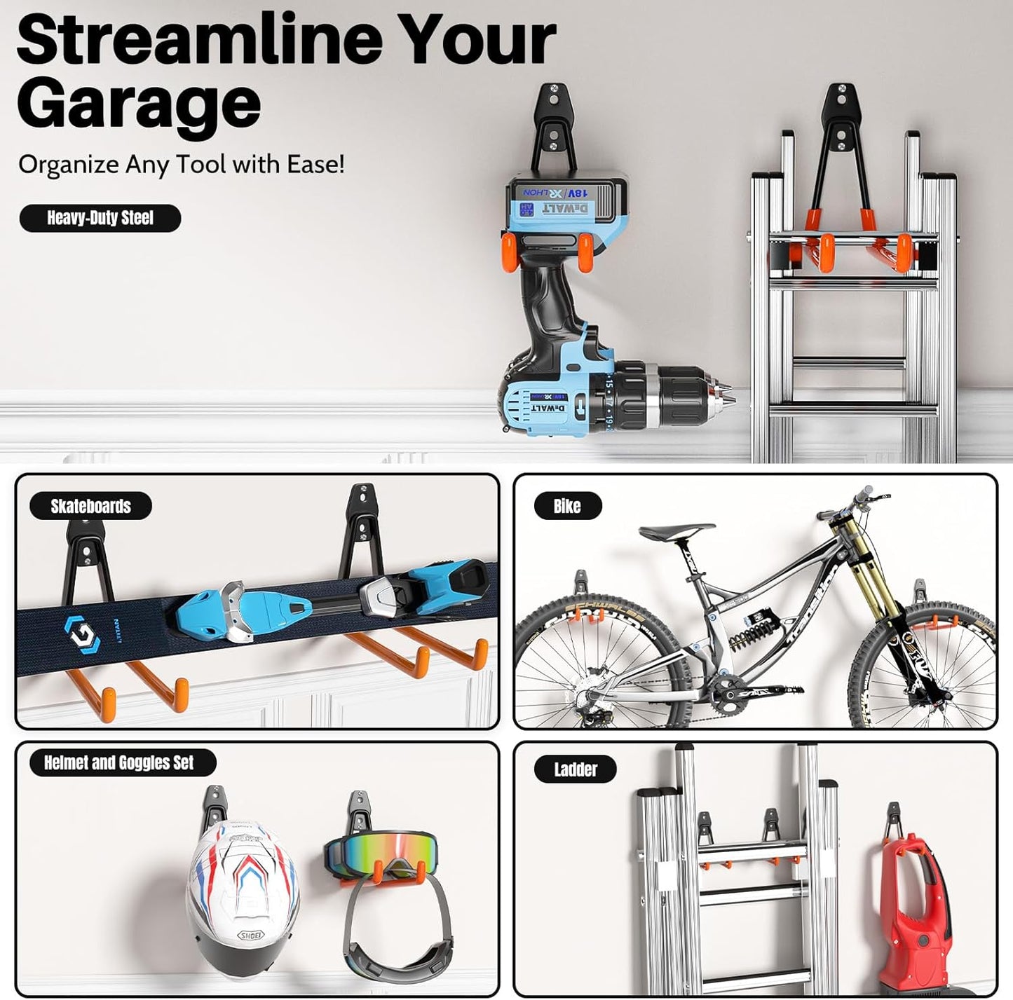 Garage Hooks Heavy Duty, 10 Pack Wall Mount Storage Hangers with Extension Cord Holder Organizer, for Power Tool, Garden Tool, Utility, Ladder, Hose and More