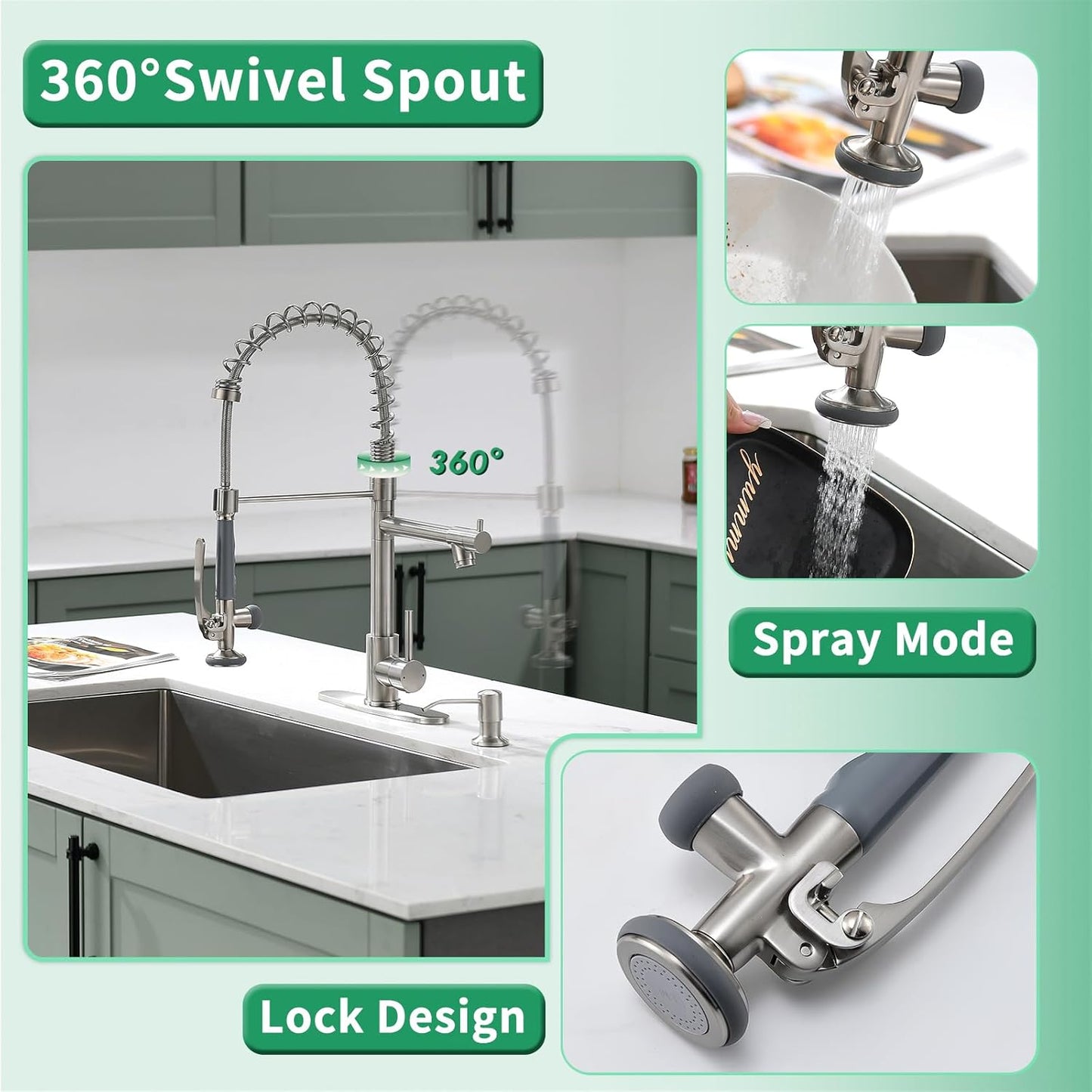 Fapully Commercial Pull Down Kitchen Sink Faucet with Sprayer Brushed Nickel Single Handle Faucets for Kitchen Sink, Kitchen Faucet with Soap Dispenser and Deck Plack for 4 Hole